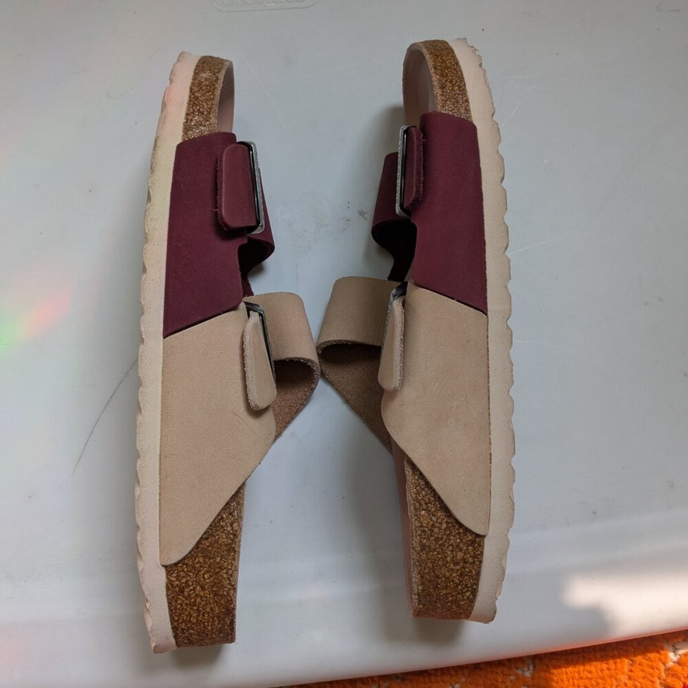 Birkenstock Two-Tone Adjustable Buckle Sandals in Burgundy and Beige - Picture 9 of 13